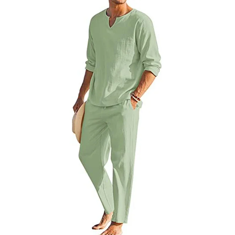 

Two Piece Sets Cotton Linen Suit Men's Solid Long Sleeve Shirts V Neck T-shirts+Pants 2023 Summer for Men Vintage Loose Outfits