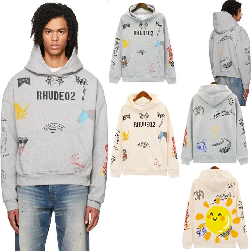 

23SS New Fasion Best Quality Graffiti Printing Rhude Hoodie Men Women Oversize Casual Pullovers