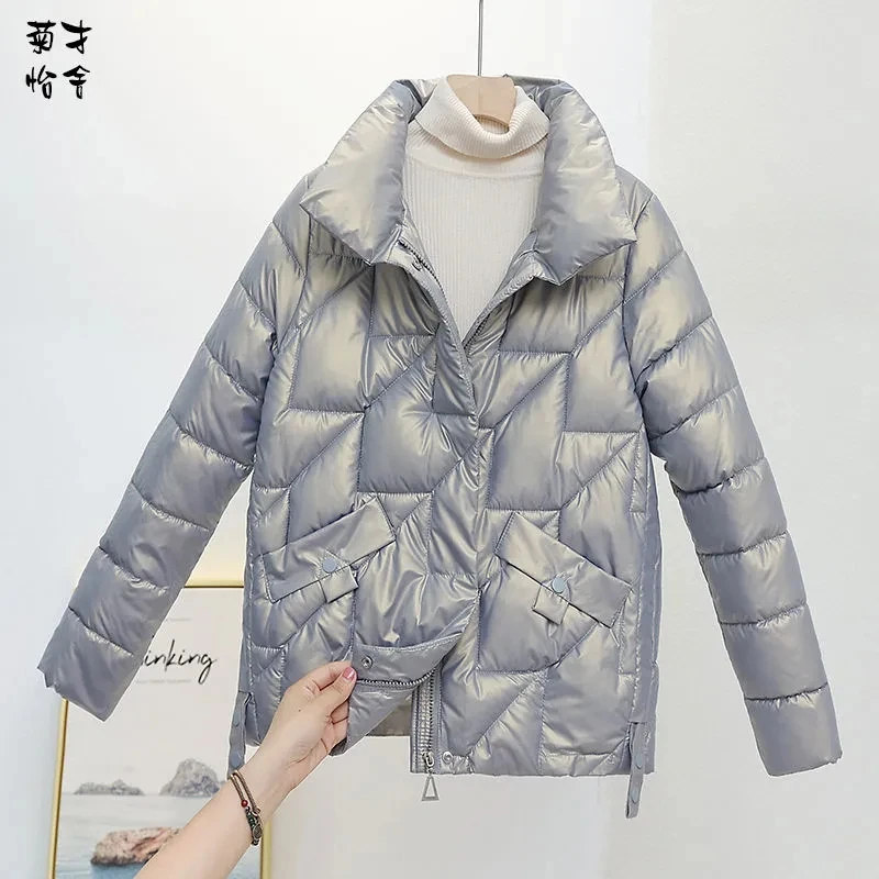 Women Jacket 2023 New Winter Parkas Female Glossy Down Cotton Jackets Stand Collar Casual Warm Parka Short Coat Female Outwear