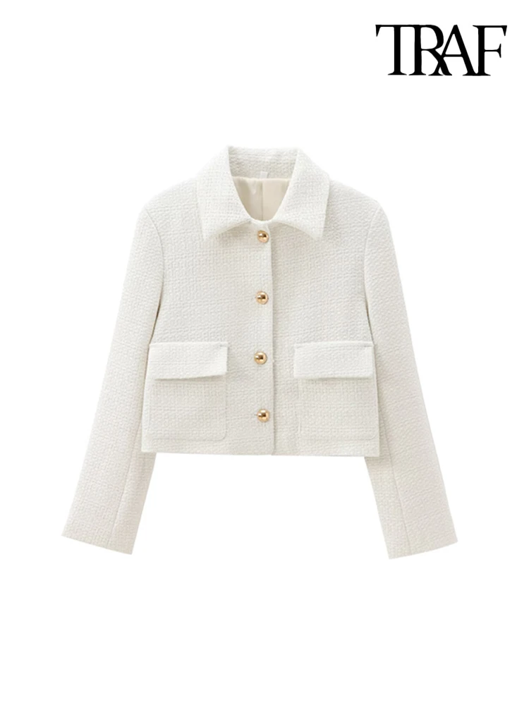 TRAF Women Fashion With Pockets Tweed Jacket Coat And High Waist Side Zipper Mini Skirt Female Two Piece Sets Mujer 3