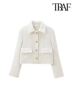 TRAF Women Fashion With Pockets Tweed Jacket Coat And High Waist Side Zipper Mini Skirt Female Two Piece Sets Mujer 3