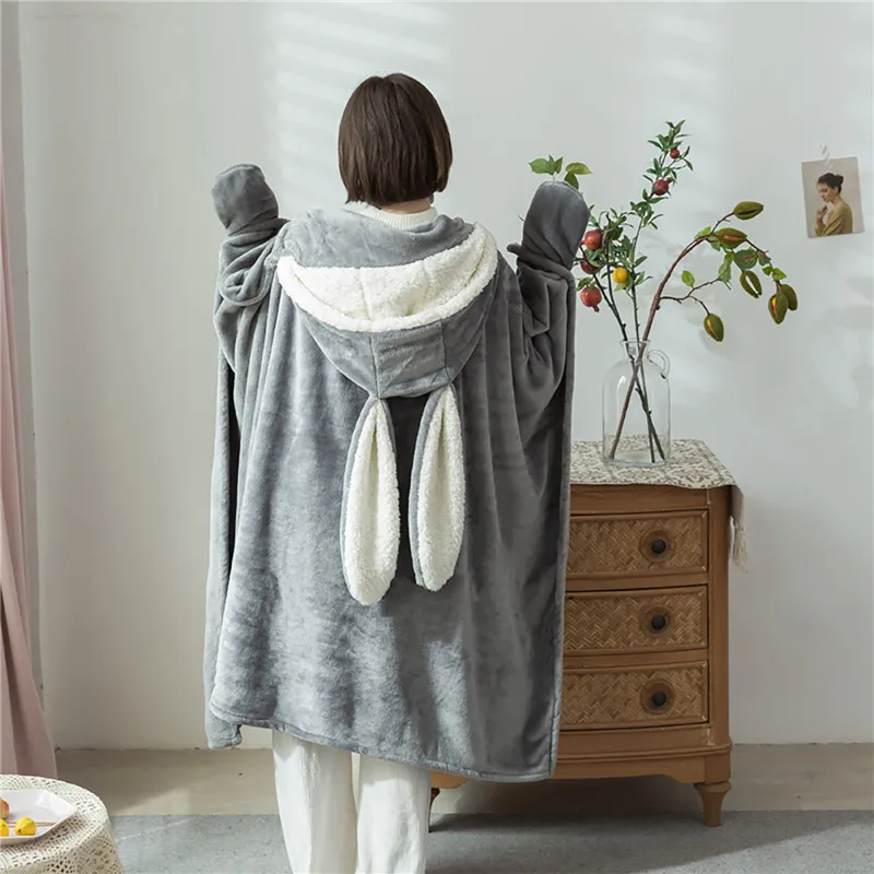 

Hooded Cloak Blankets Comfortable For Picnic Travel Fleece Wearable Throw Blanket Rabbit Ear Thickened Winter Blanket Sleepwear