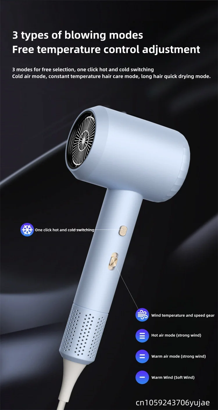 New Hammer Hair Dryer with High Airflow of 59 Seconds, Blue Light Ion Thermostat