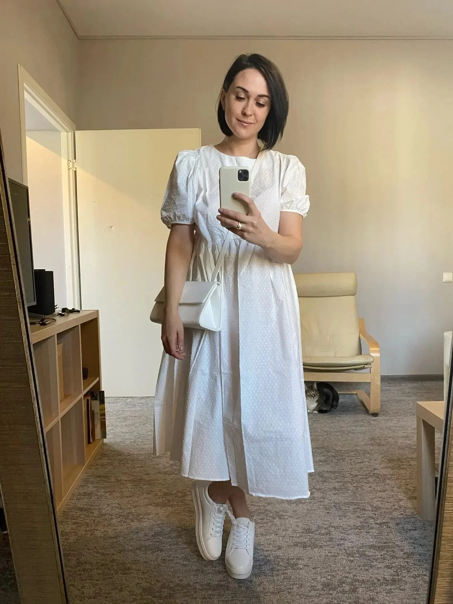 Women's Elegant Yellow Long Dress O-neck Puff-Sleeve Dots Ladies Loose Dress Casual Summer 2025 New 9941