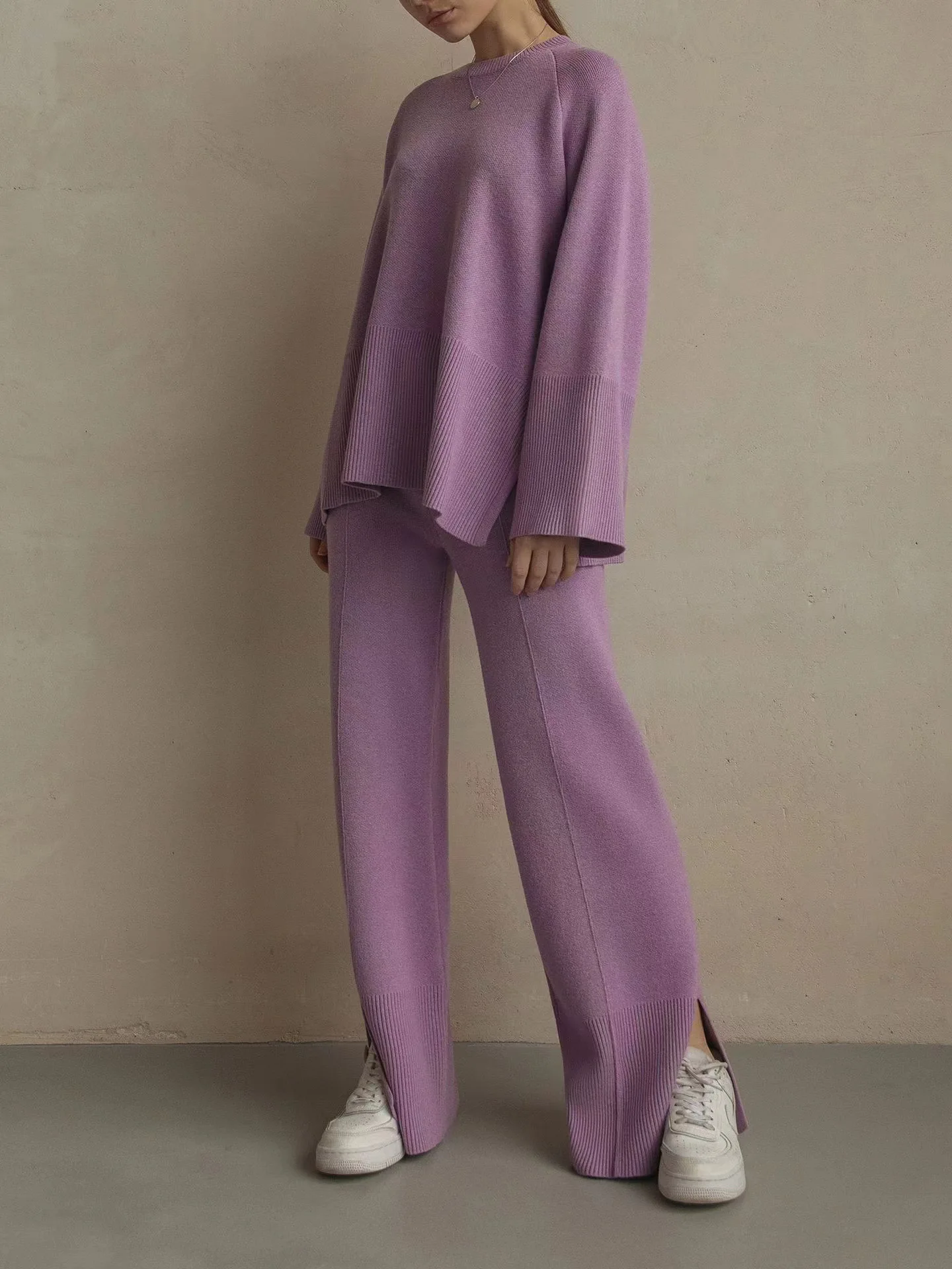 Conjuntos casuales sueltos de dos piezas para mujer, suéter de punto de gran tamaño y pantalones acampanados, conjuntos de chándal de punto para mujer, conjuntos de suéter