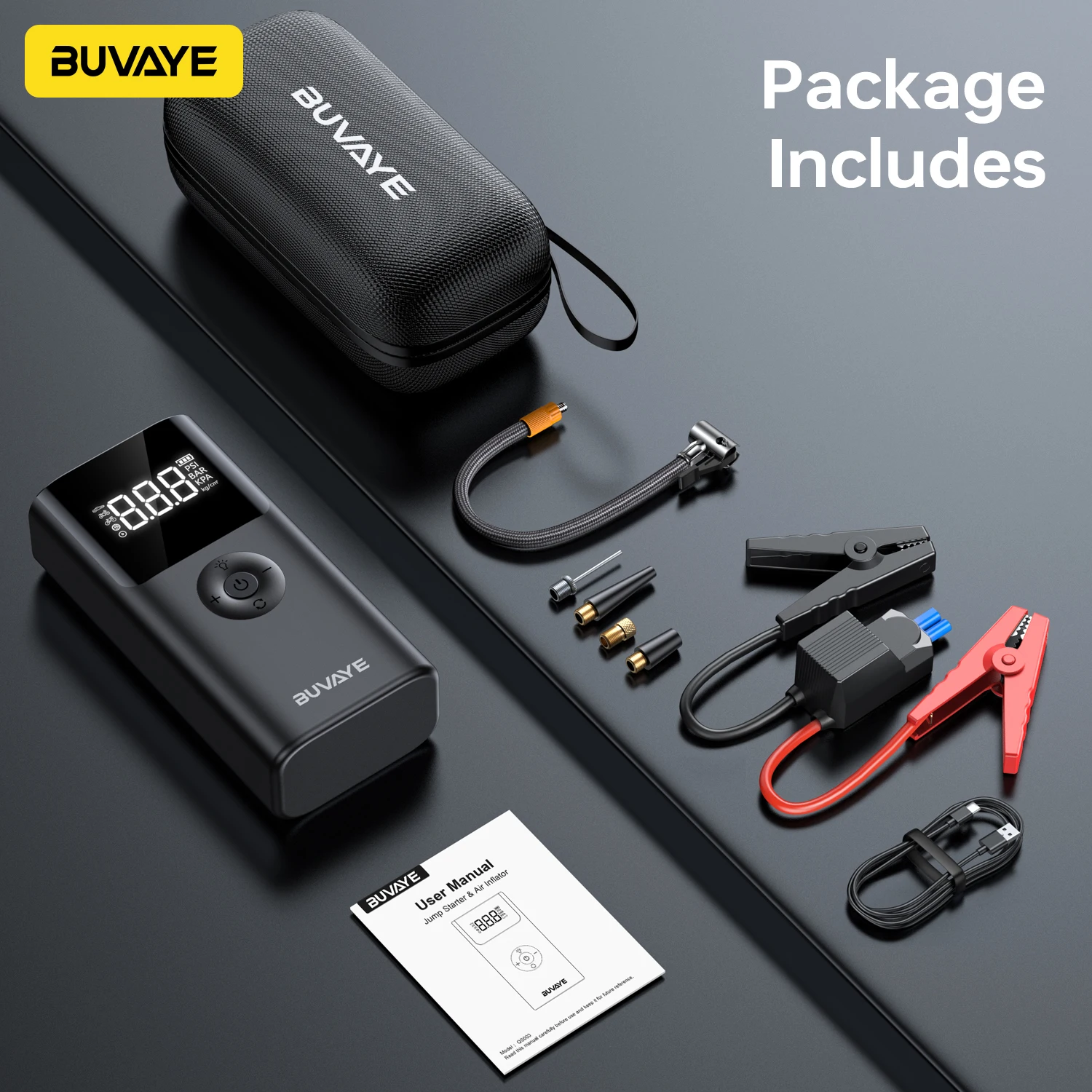 BUVAYE 4 In 1 2500A Avviatore di emergenza portatile Accumulatori e caricabatterie di riserva 150PSI Pompa d'aria Booster Batteria per auto 12V Batteria per auto Avviamento Powerbank - immagine 6
