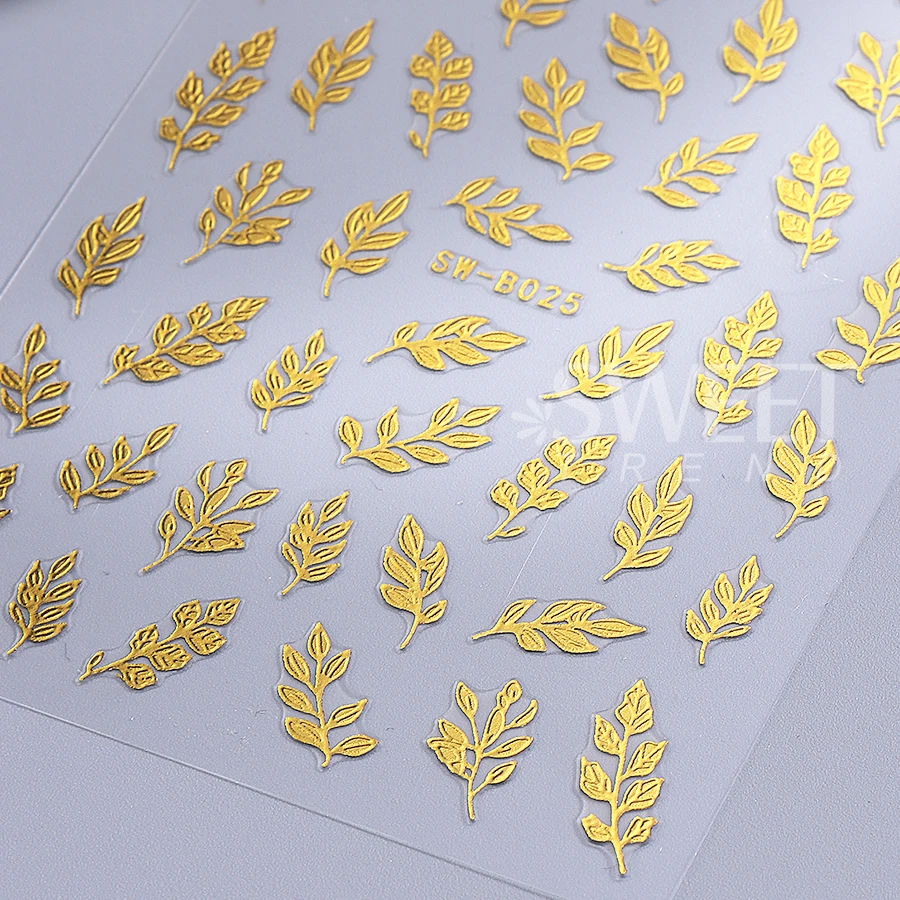 2pcs Metal Simple Leaf Nail Stickers 3D Metallic Gold Leaf Mirror Design Holographic Charm Nail Decals DIY Manicure Decoration