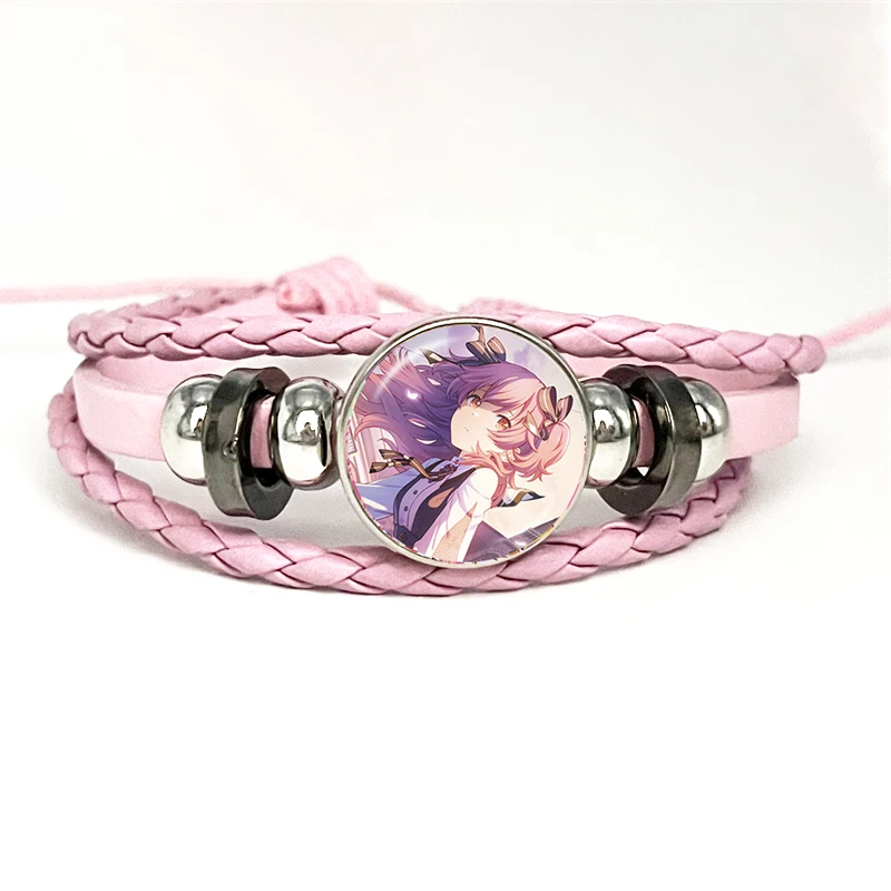 Project SEKAI Anime Momoi Airi MORE MORE JUMP! Pink Leather Bracelet Glass Cabochon Button Multilayer Bangles Wristband Gift 5