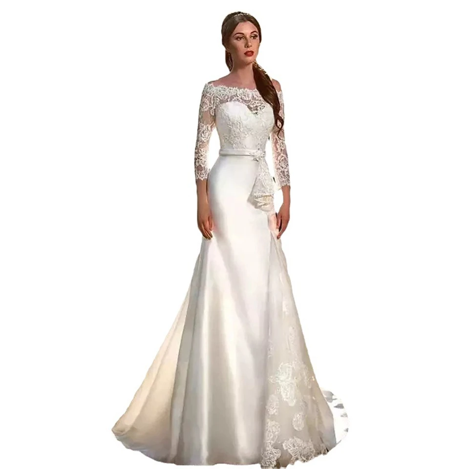 Elegant Satin Lace sashes Boat Neck Cap Sleeves A-line Wedding Dresses For Woman 2024 Sweep Train Bridal Gowns vestidos de novia