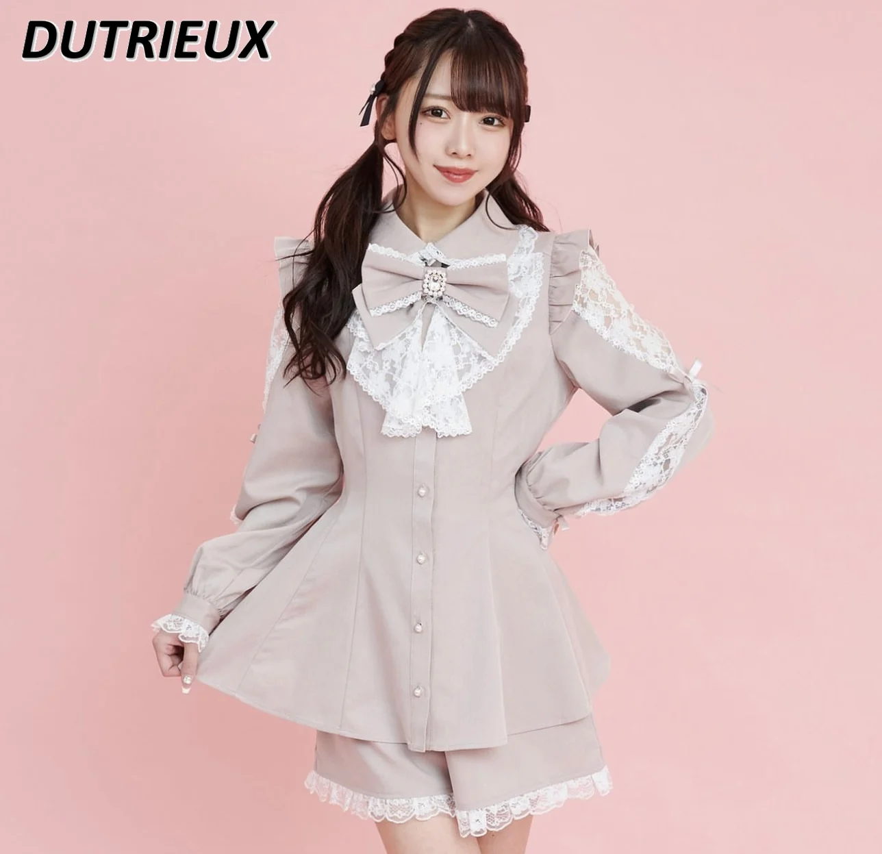 Japanese Style New Lolita Mine Long Sleeve Tops Sweet Cute Slimming Lace Bow Shirt and Base Shorts Two-Piece Set SC Suit