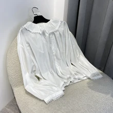 

2022 Spring New 100% Cotton Top Quality Women Fashion Loose Style Ruffled Collar Oversize Cotton Solid White Blouses
