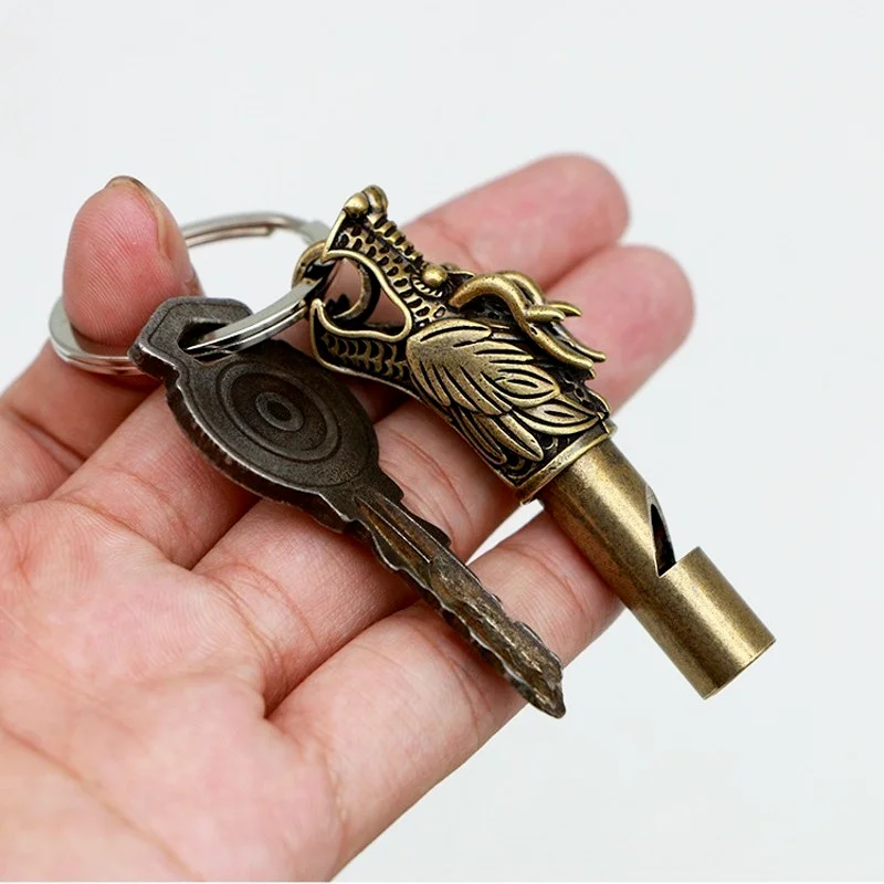 Handmade Vintage Brass Dragon Head Whistle Pendant Outdoor Survival Call Emergency Tools Whistles Necklaces Keychains Charm