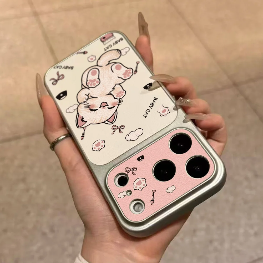 Adorable Kawaii Kitty Leather Phone Case - Cute Cartoon Cat Design, Protective Cover