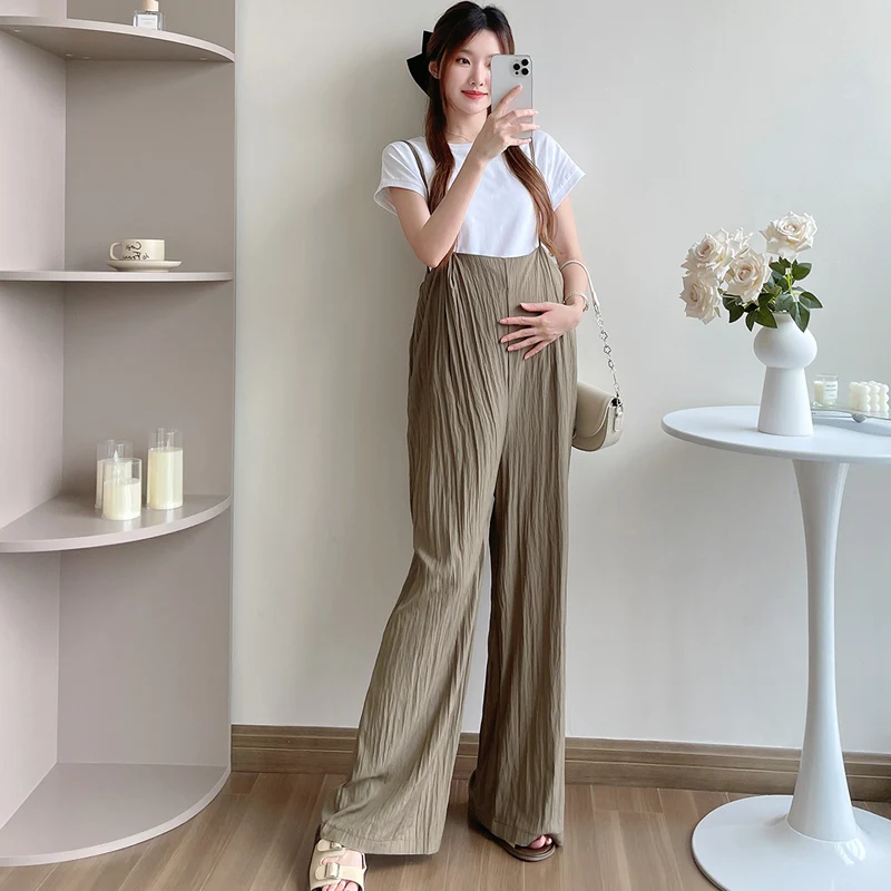 U74365# 2 Pcs Maternity Wide Leg One-piece Uniform Suits Summer Maternity 2 Pcs Clothing Set