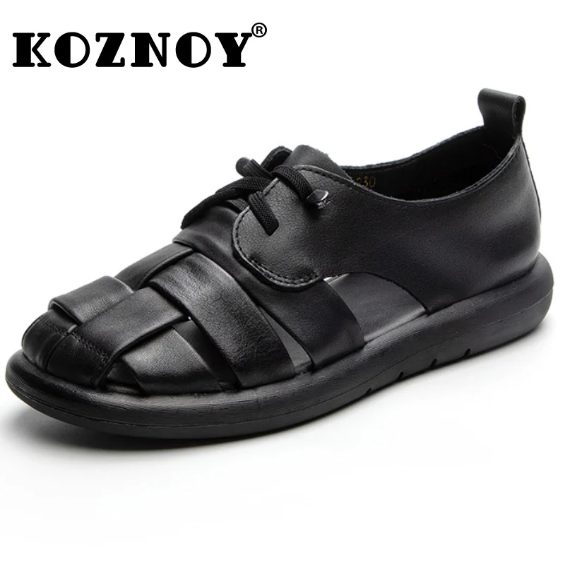

Koznoy 2.5cm Weave Genuine Leather Summer Soft Soled Sandal Ethnic Hollow Rubber Loafer Flats Durable Natural Comfy Women Shoes