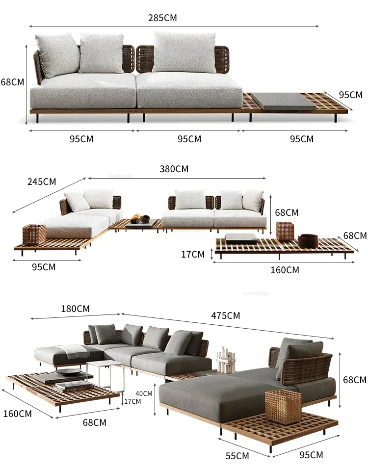 Rattan Garden Furniture Sets Home Leisure Patio Furniture Nordic Solid Wood Sofa B&B Villa Luxury Sofa Chair Combination N
