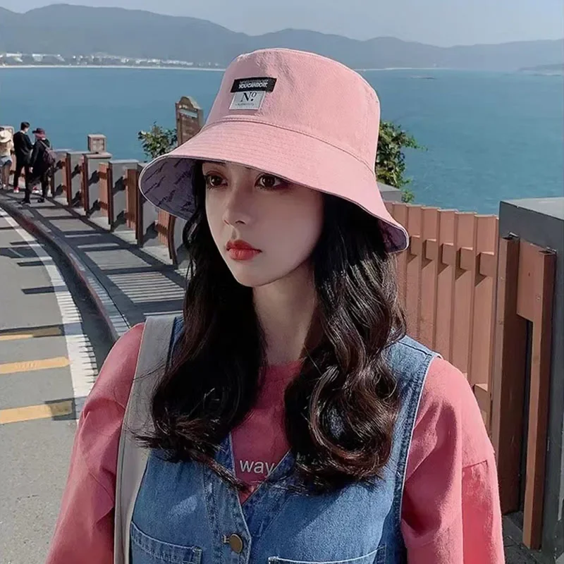 Women Bucket Hat Double-sided Wear Korean Fashion Letter Print Fisherman Hat For Girl Summer Outdoor Beach