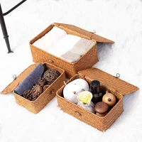 Shelf Baskets with Lid Set of 3 Handwoven Seagrass Storage Box Wicker Basket Desktop Makeup Organizer Multipurpose Container 1