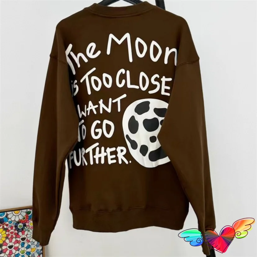 

Brown Broken Planet Market The Moon Sweatshirts Men Women Puff Print Broken Planet Hoodie Fleece BPM Crewneck Pullovers