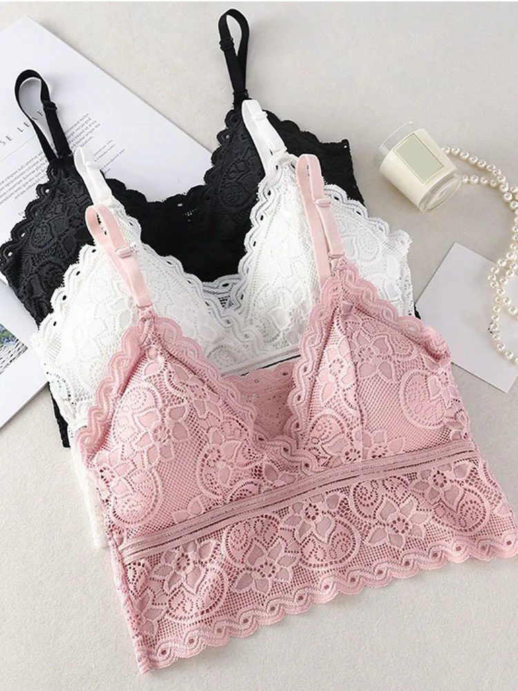 

Women Fashion Wireless Bra Padded Bralette Deep V Lace Bras Summer Crop Top Embroidery Floral Tank Top