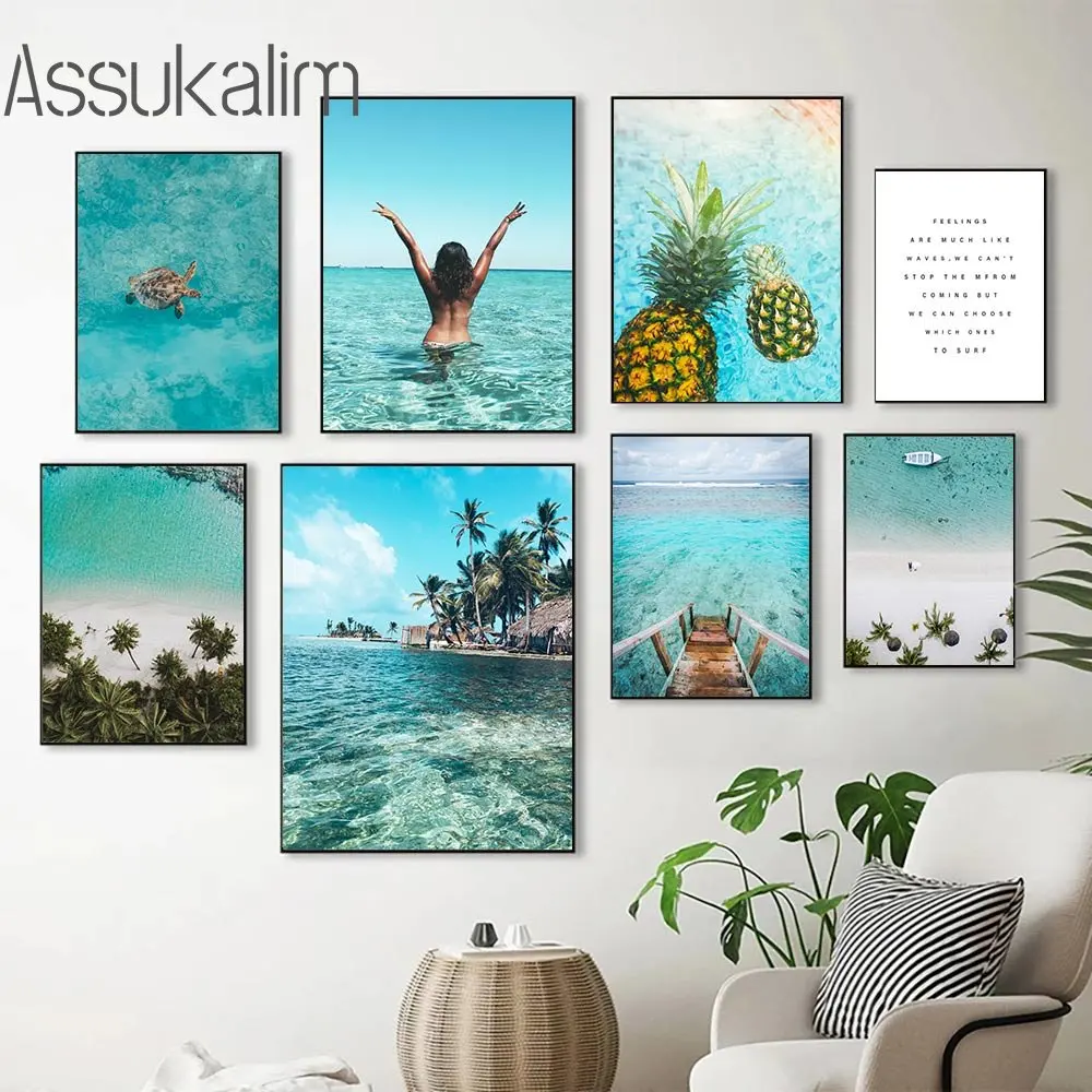 

Seascape Wall Art Blue Sea Beach Canvas Poster Palm Tree Print Pictures Bridge Art Prints Nordic Posters Living Room Decoration