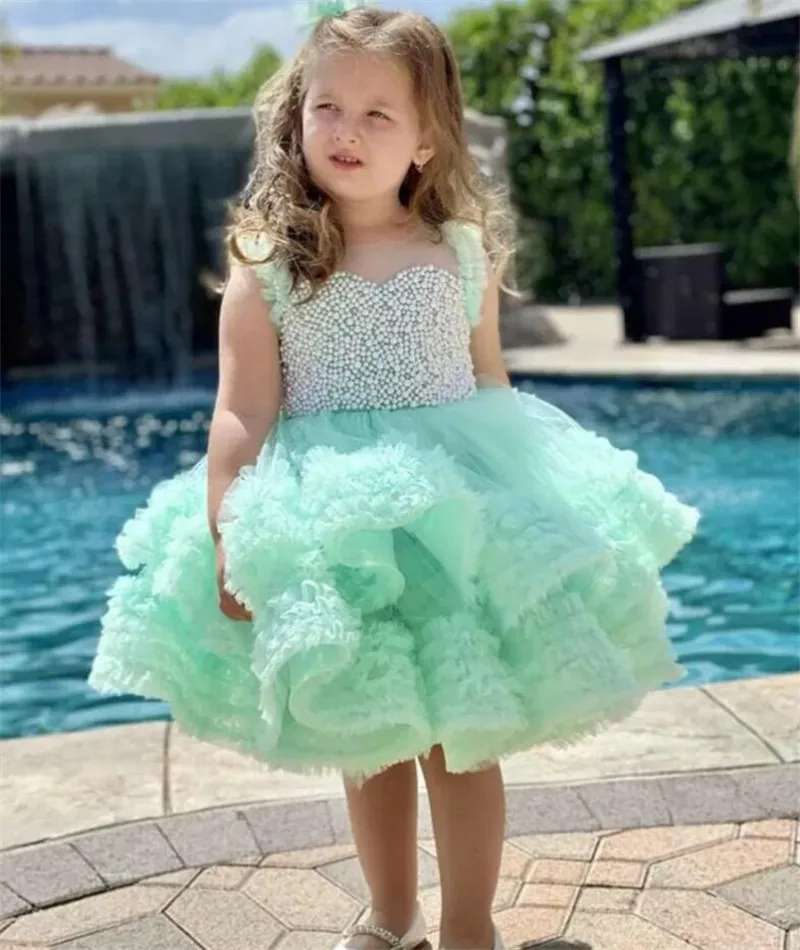 

Платье принцессы ручной работы с бусинами и жемчугом, пышное платье для первого причастия, платья для девочек с цветами, милое детское платье на день рождения