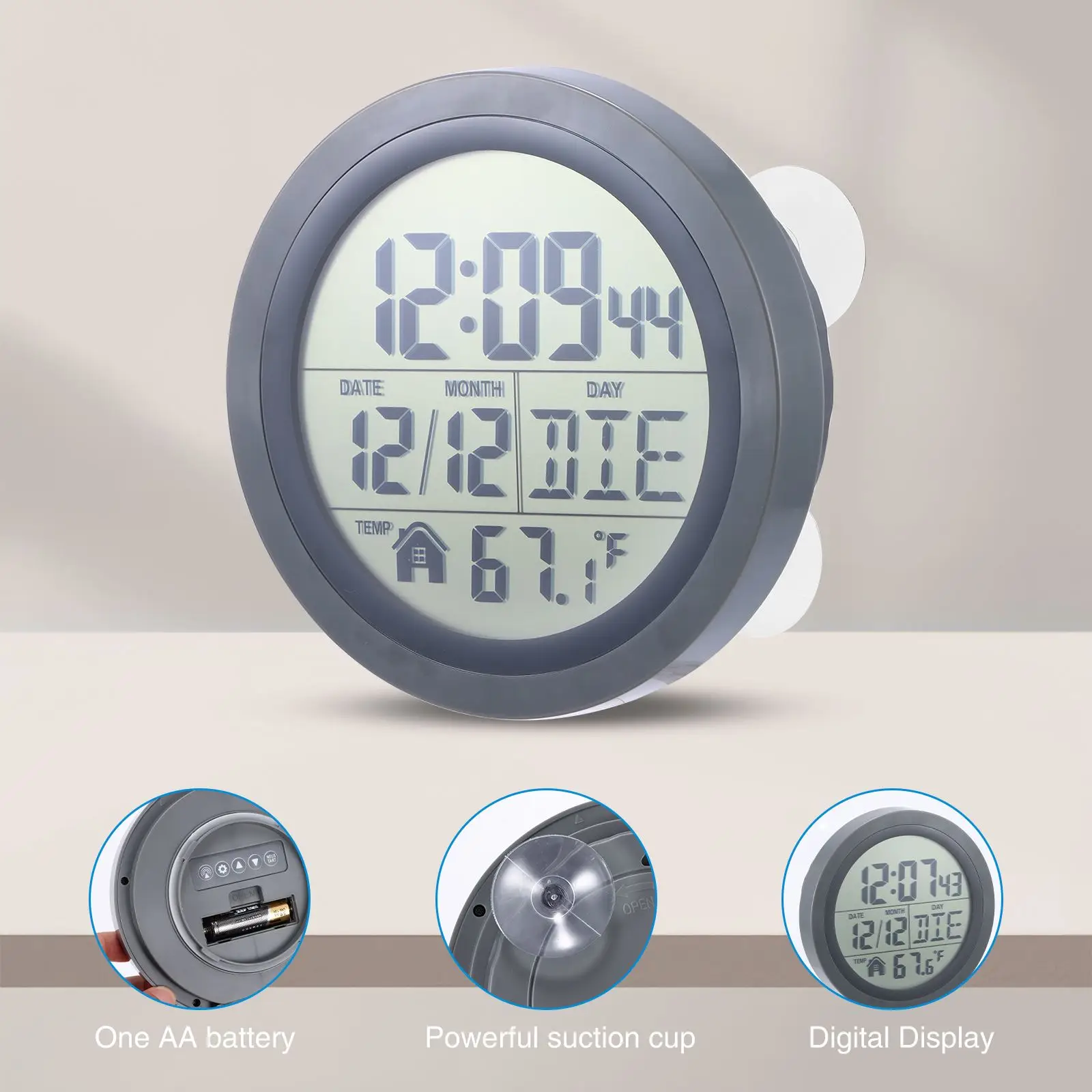 

No Punching Suction Cup Clock Waterproof Bathroom Kitchen Clocks LCD Digital Display Clock Temperature Detector Battery Operated