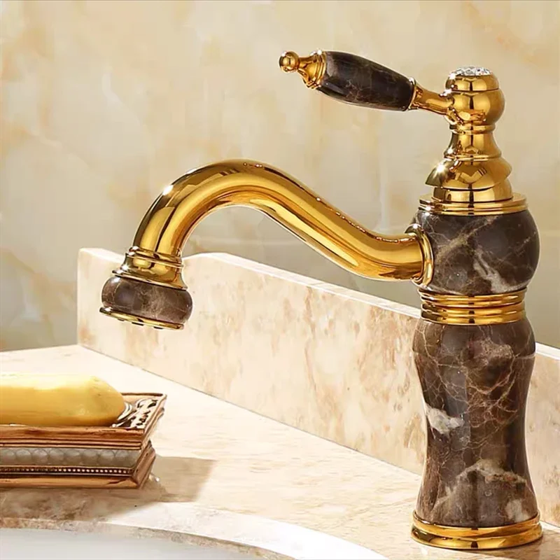 

Bathroom Faucets Gold Brass Single Handle Bathroom 360 Rotate Basin Tap With jade Cold Hot Water Sink Crane Mixer Taps Torneira