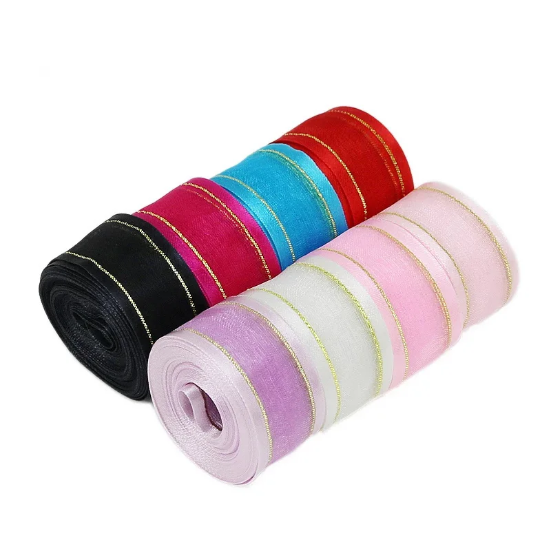 (10 Yards/lot) 25mm White Broadside Gold Edge Organza Ribbon Wholesale Gift Wrapping Decoration Ribbons