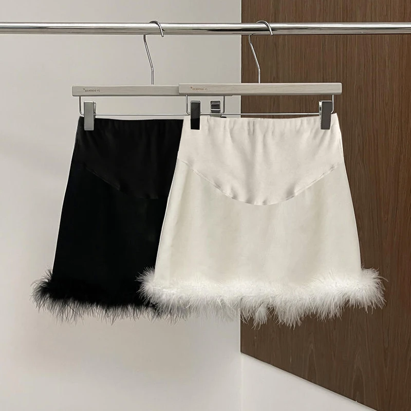 Autumn Winter Pregnancy Clothes Solid Color Elegant Maternity Belly PU Leather Skirt Faux Fur Hem Patchwork Pregnant Woman Skirt