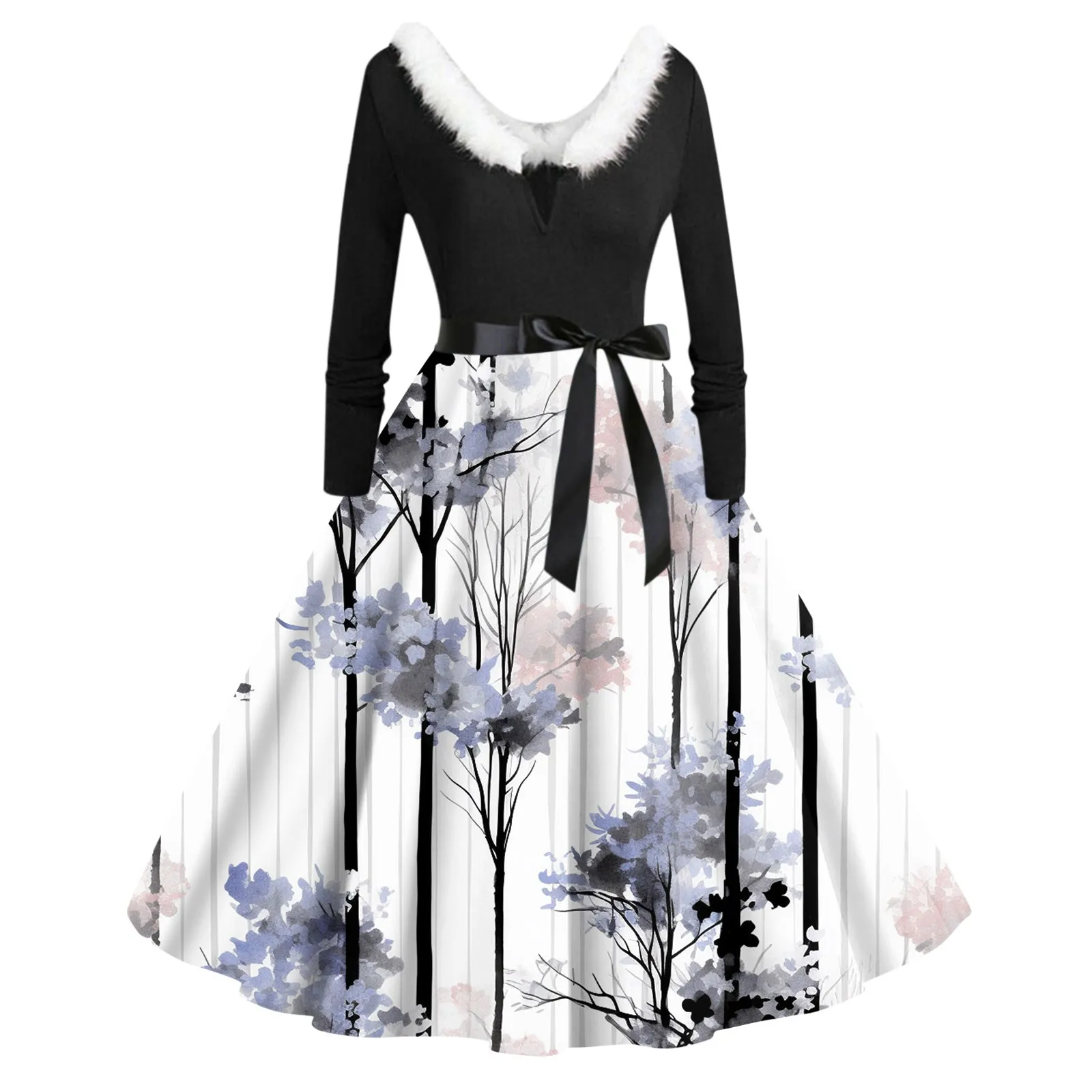 

Women's 2023 Winter New V-neck Plush Collar Bow Colorful Leaf Pattern Print Elegant Long Sleeve Gown Dress Vestidos Para Mujer