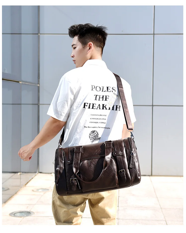 Travel Tote Men's Casual Travel Shoulder Bag Horizontal Outdoor Business Fitness PU Leather Handbag Personalized