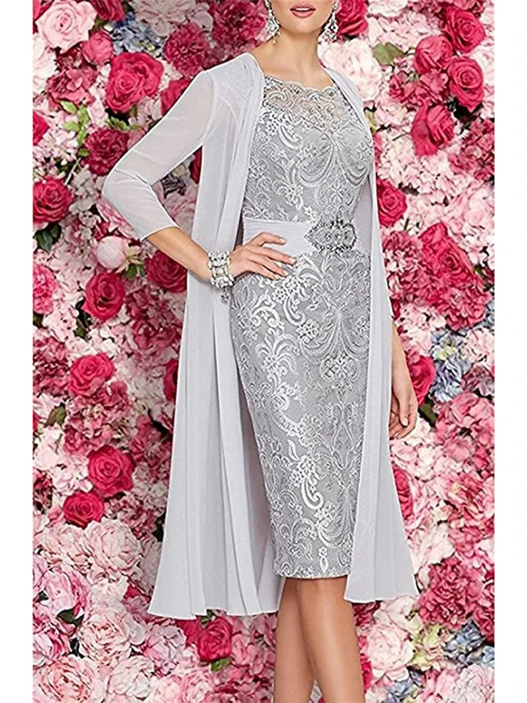 

Two Piece Sheath Mother of the Bride Dress Formal Wedding Guest Scoop Neck Knee Length Chiffon Lace Sleeveless Evening Gown