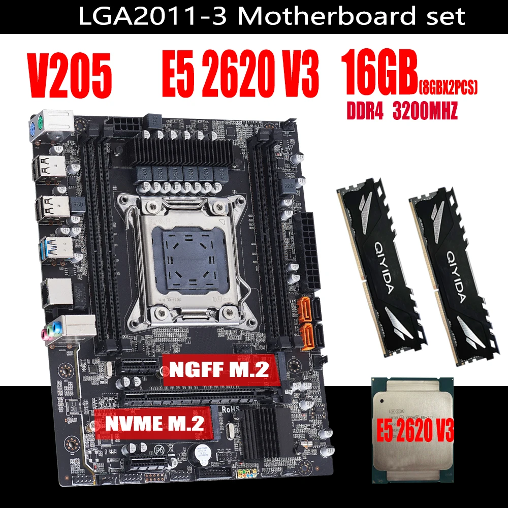 V205 LGA2011-3 motherboard set Xeon E5 2620 V3 CPU 2pcs X 8GB =16GB 3200MHz  DDR4 memory