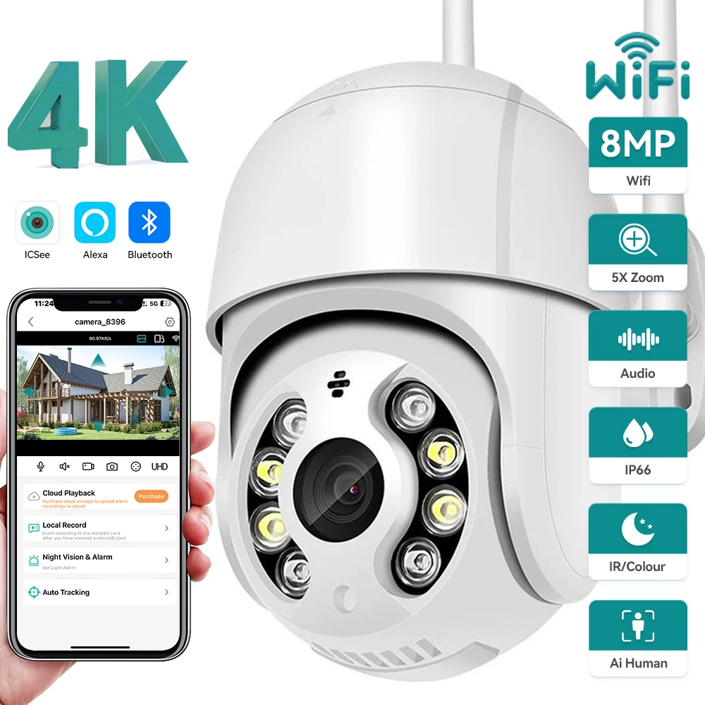 4K 8MP 미니 PTZ WIFI 카메라 H.265 자동 추적 보안 보호 AI 인체 감지 이중 광원