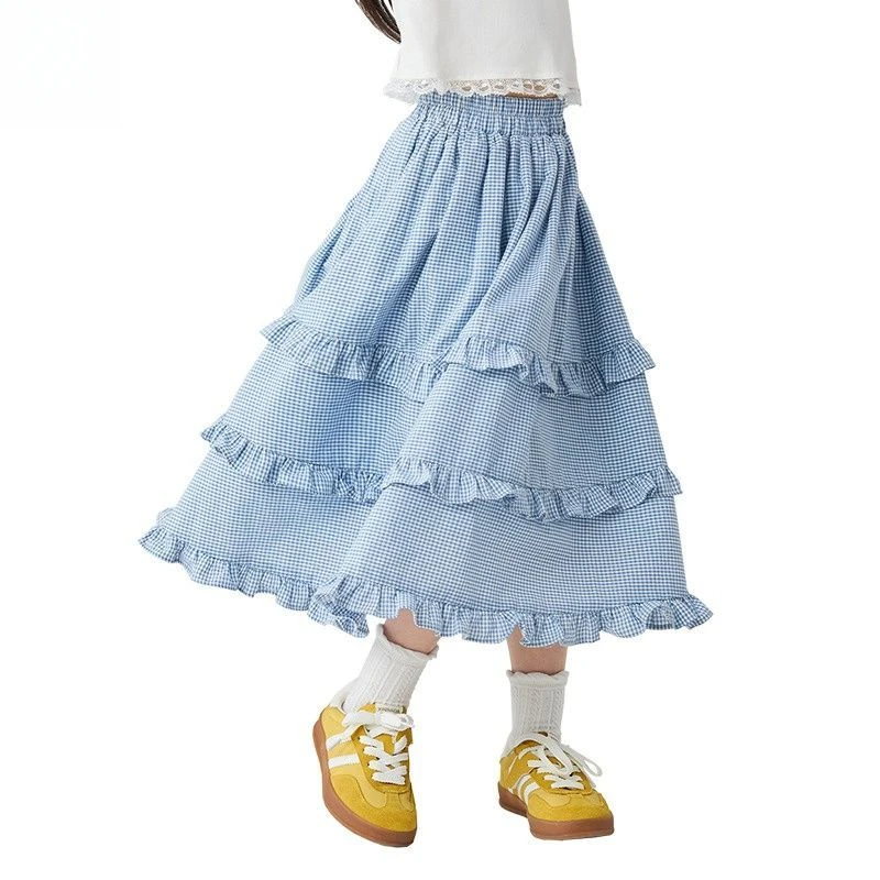 Kids Girls Blue Cake Dress Children Casual Ruffle Dresses Summer Casual Plaid Cotton Dress Lorean Style