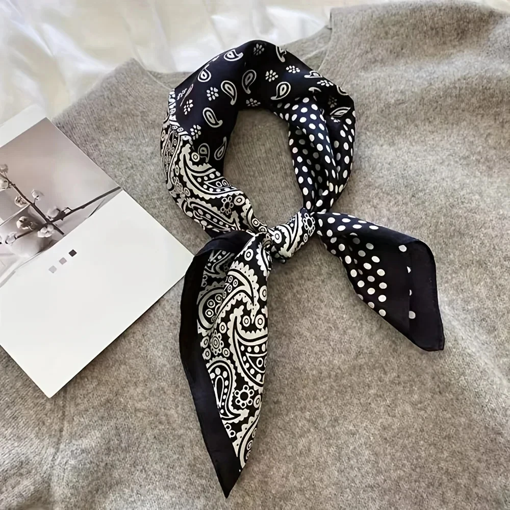 Luxury Polka Dot Paisley Print Square Scarf Black White Thin Decorative Neck Scarf Hairbands Sunscreen Headscarf For Women 5