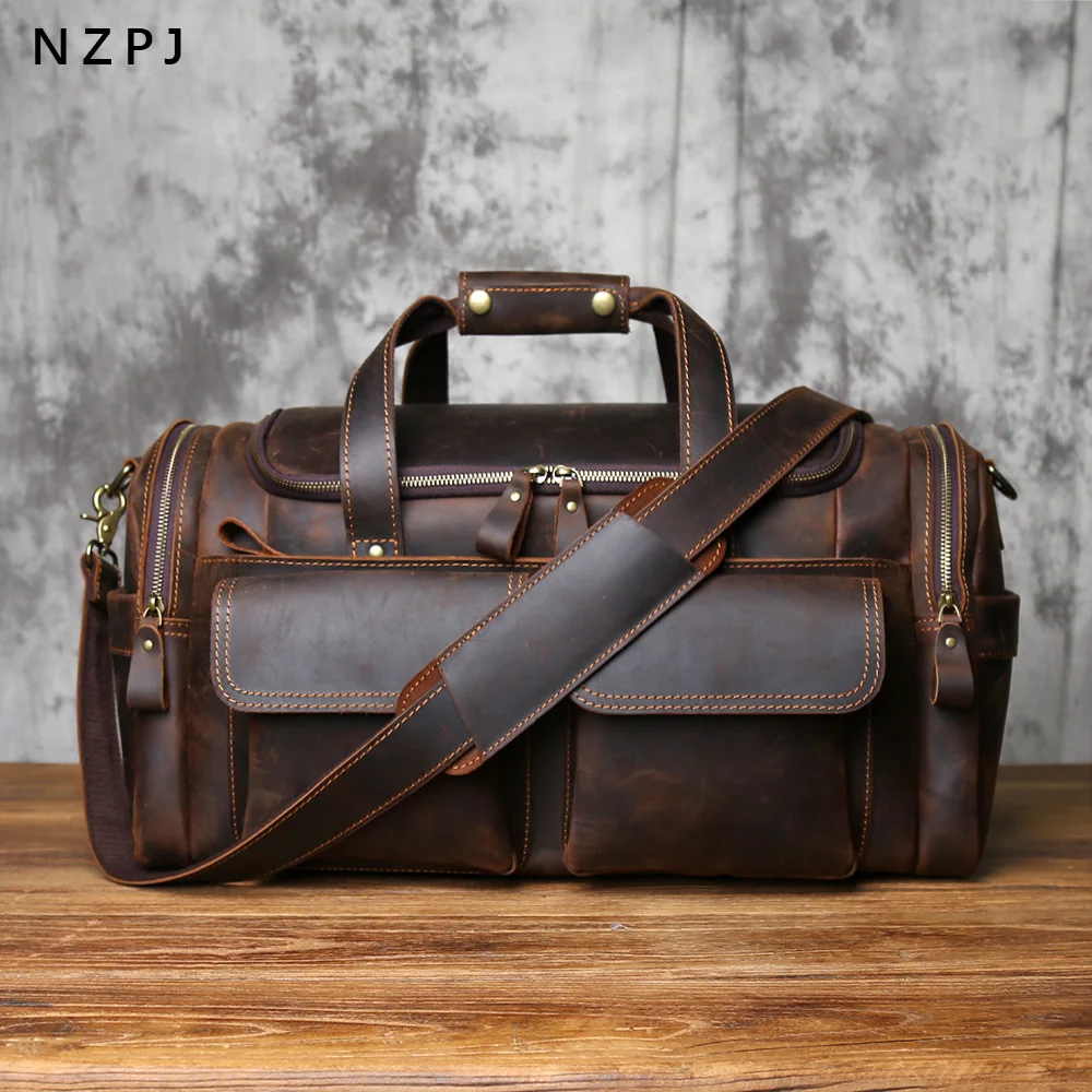NZPJ Retro Men's Genuine Leather Travel Bag Crazy Horse Leather Large Capacity  Crossbody  Top-Grain Leather Handbag