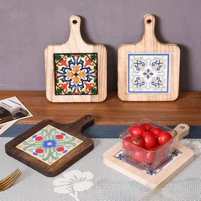 Japanese Restaurant Retro Solid Wood Tile Handle Pot Pad Wooden Anti Scald Plate Pad Household Casserole insulation Wood Pad