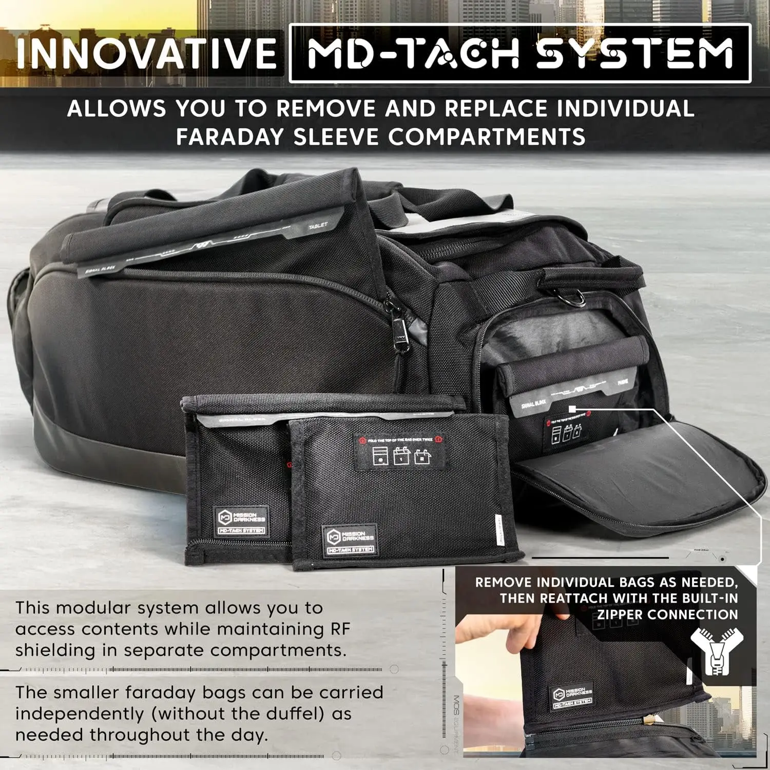

Disconnect Faraday Duffel Bag + 4 Detachable Faraday Pockets // Military-Grade RF Shielding