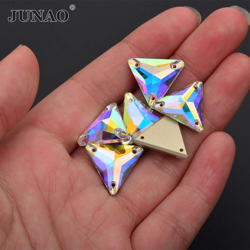 

JUNAO 12mm 16mm 22mm Sew On Clear AB Triangle Shape K9 Glass Rhinestones Fancy Flatback Diamond Strass For Clothing Decoration