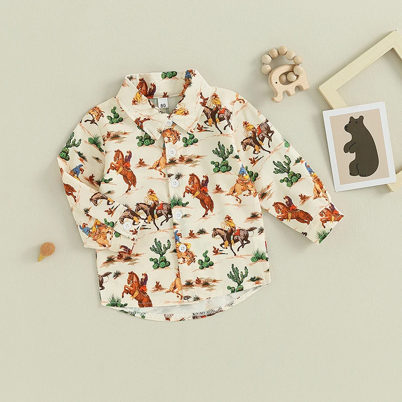 6M-4T Baby Boy Clothes Western Cow Print Shirt Long Sleeve Country Dress Shirt Tops Toddler Outfit -07-19 Lioraitiin