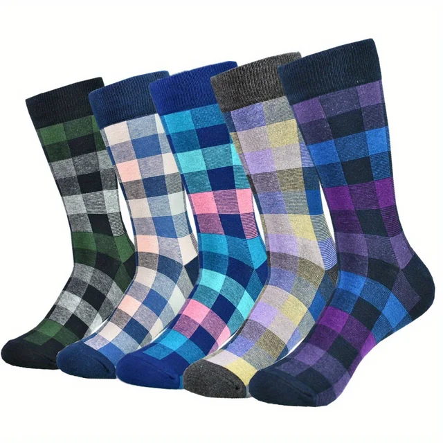 5pairs/set Men's Cotton Breathable Colorblock Plaid Crew Socks Casual Socks For All Seasons 1
