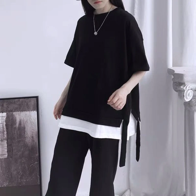 Fake Two Piece Split Summer Short Sleeve Tops Black White Patchwork Cool Hip Hop Woman Clothes Unisex Casual Oversized Solid New шлем prime cool c2 visor white unisex