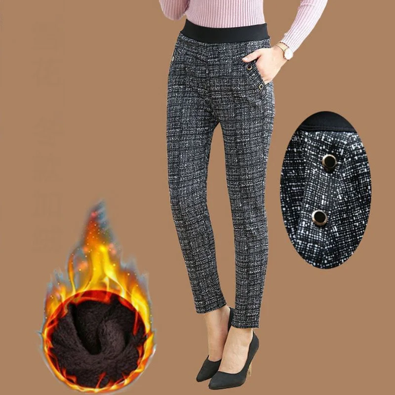 

2022 Autumn Winter Plush Thick Warm Elegant High Waist Office Ladies Trousers Women Plaid Print Slim Pants Pantalones Mujer 4XL