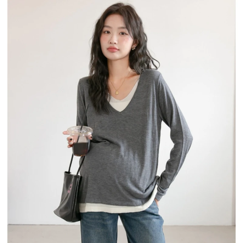 spring-and-autumn-maternity-wear-new-maternity-fake-two-piece-knit-sweater-sweater-striped-undershirt-plus-size-top