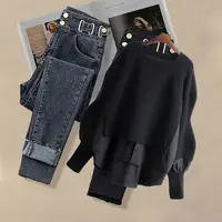 2026 Spring Autumn New Vintage Jeans Matching Set Women's Korean Elegant Fake Two Piece Knit Sweater+High Waist Denim Pants Suit - Image 3