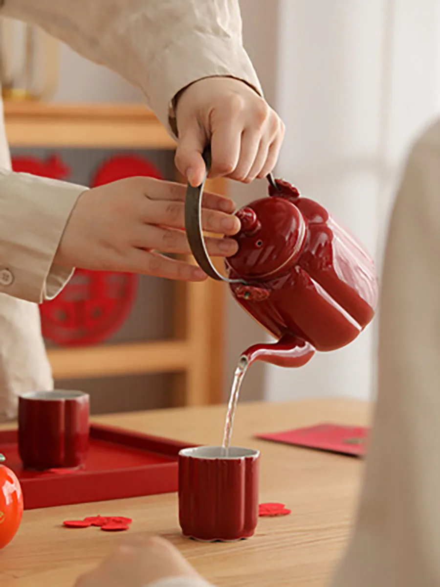 Red Ceramic Chinese Teapot, Tea Pot Cup, Beauty Kettle, Wedding Supplies, Household Tea Ceremony, Customized Souvenir Gifts