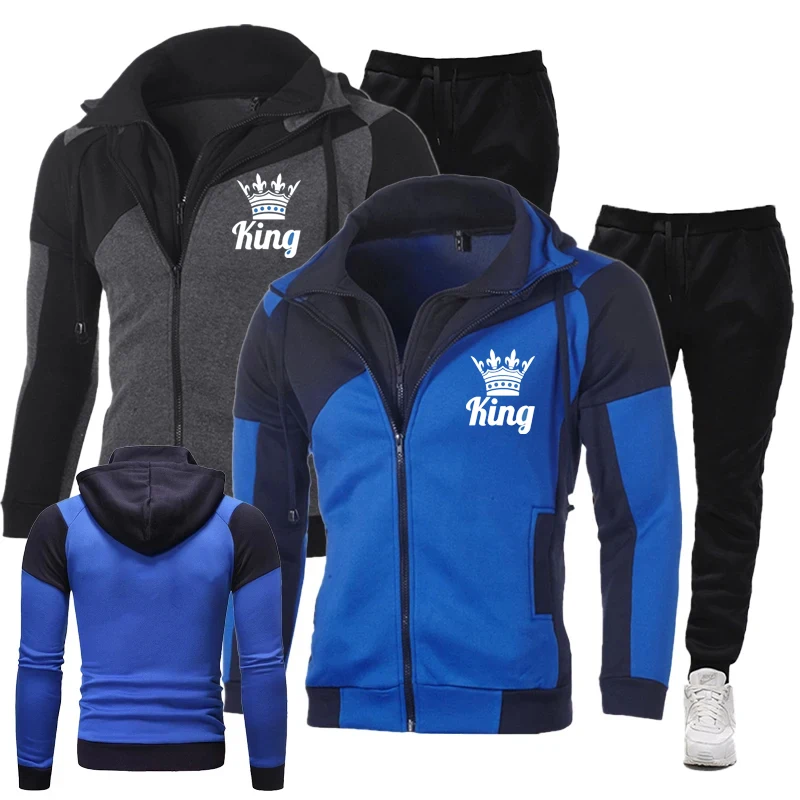 

New Hoodie Set Fashion Double Zipper Pullovers Mens Tracksuit Sports Wear Pullover Sweater Shirts Suits Hoodies+Pants Sweatsuit