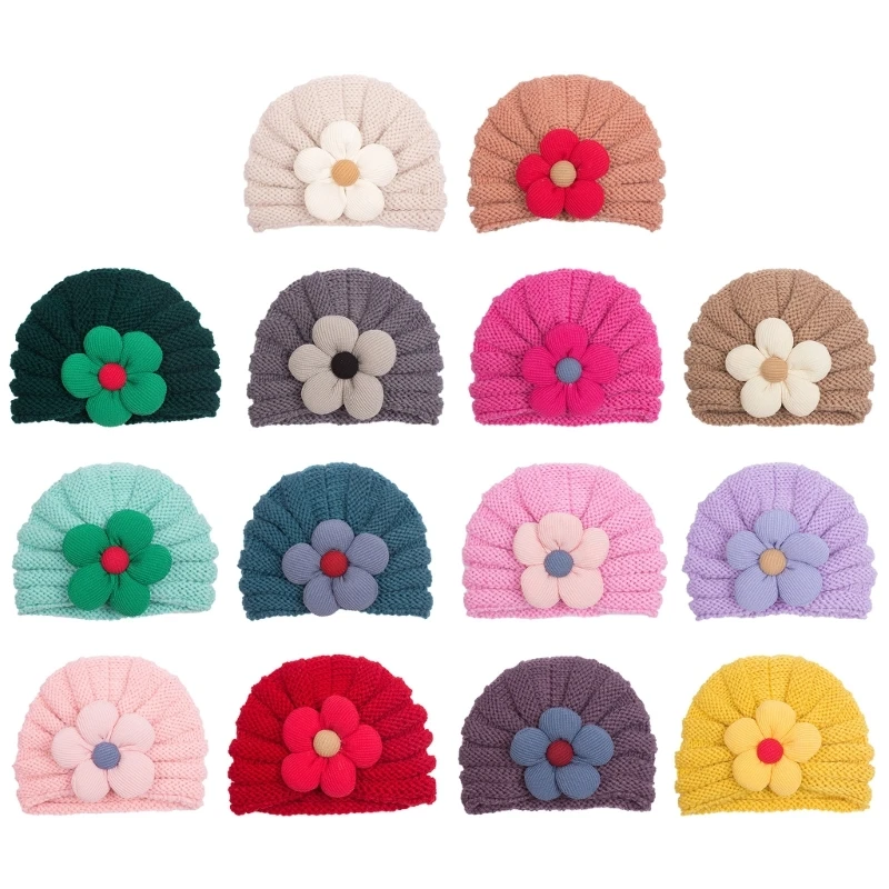 Baby Girls Winter Hat with Flower Charm, Warm Knitted Beanie Cap Windproof Bonnet for Infant Toddlers Shower Gift